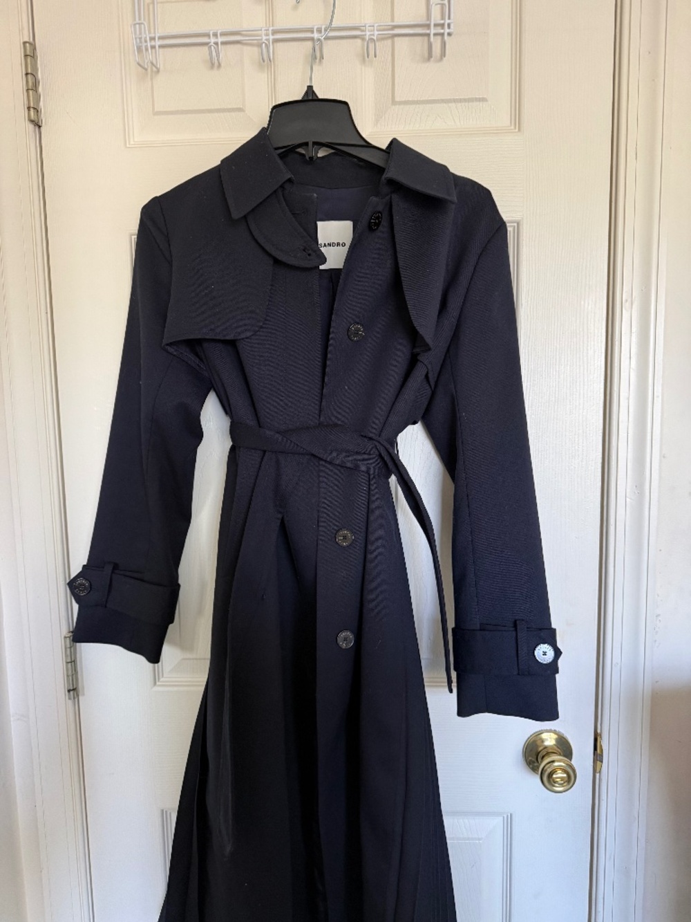 SANDRO TRENCH COAT WITH PLEATED INSET - Small, Navy Blue
